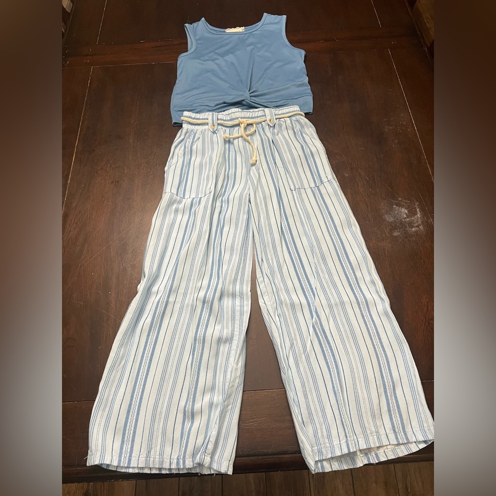 btween Blue Top and Striped Wide Leg Pant Set -kids